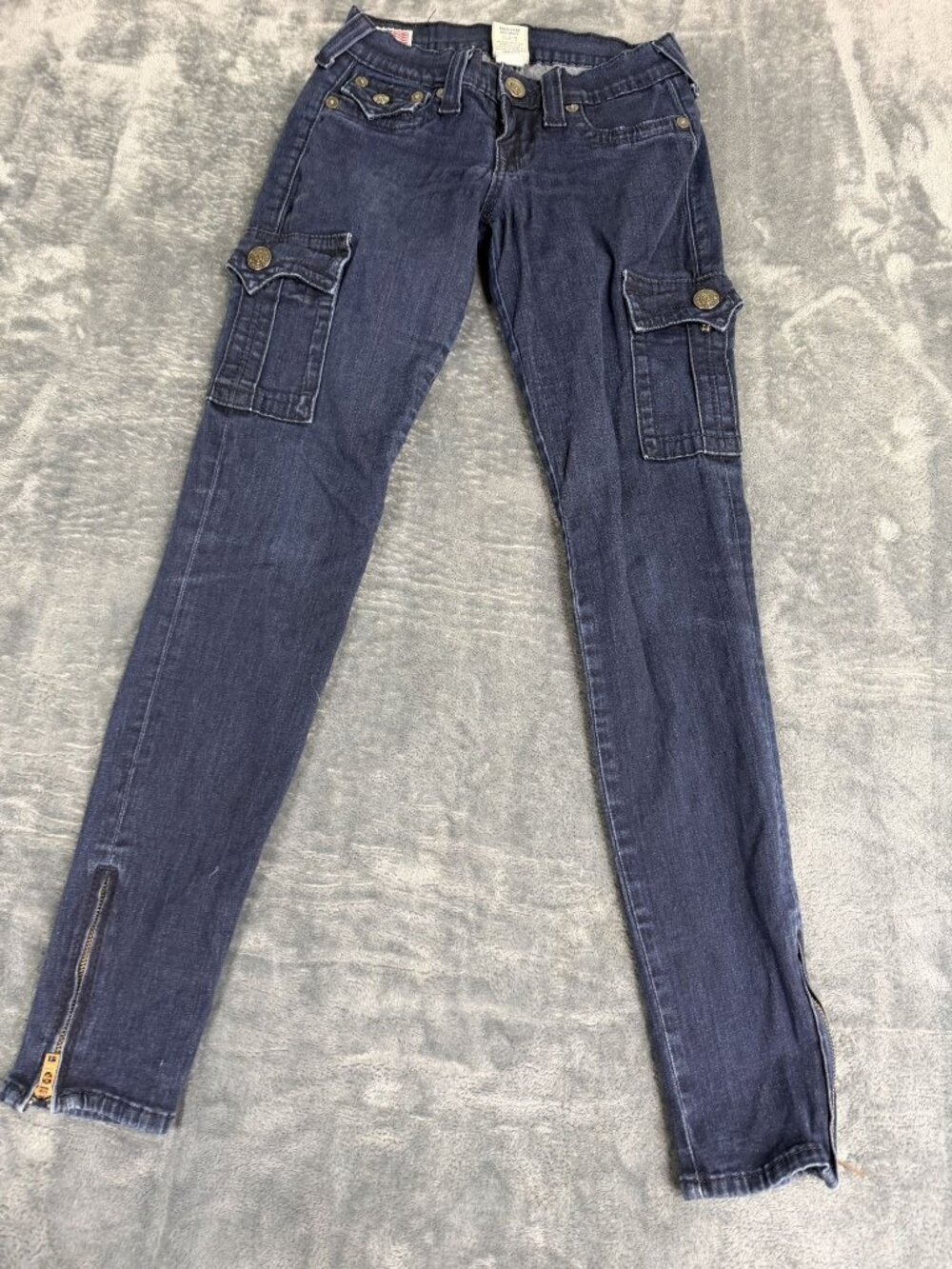 True Religion Womens Dark Wash Cargo Skinny Jeans Size 25 Zipper Ankles